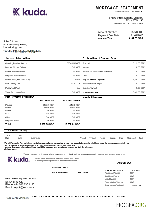 Relevé hypothécaire de la banque Kuda au Royaume , Uni aux formats Word et PDF